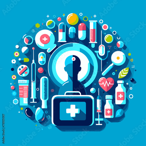 A flat poster. A male surrounded by medical symbols, medicines and medical devices.