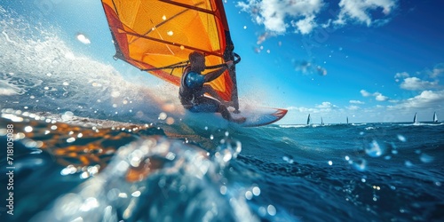Windsurfer in dynamic action, against clear blue sky photo