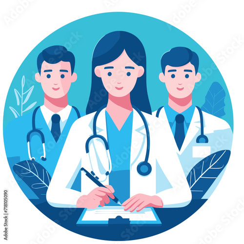 A flat illustration. A female doctor surrounded by medical symbols, medicines and medical devices.