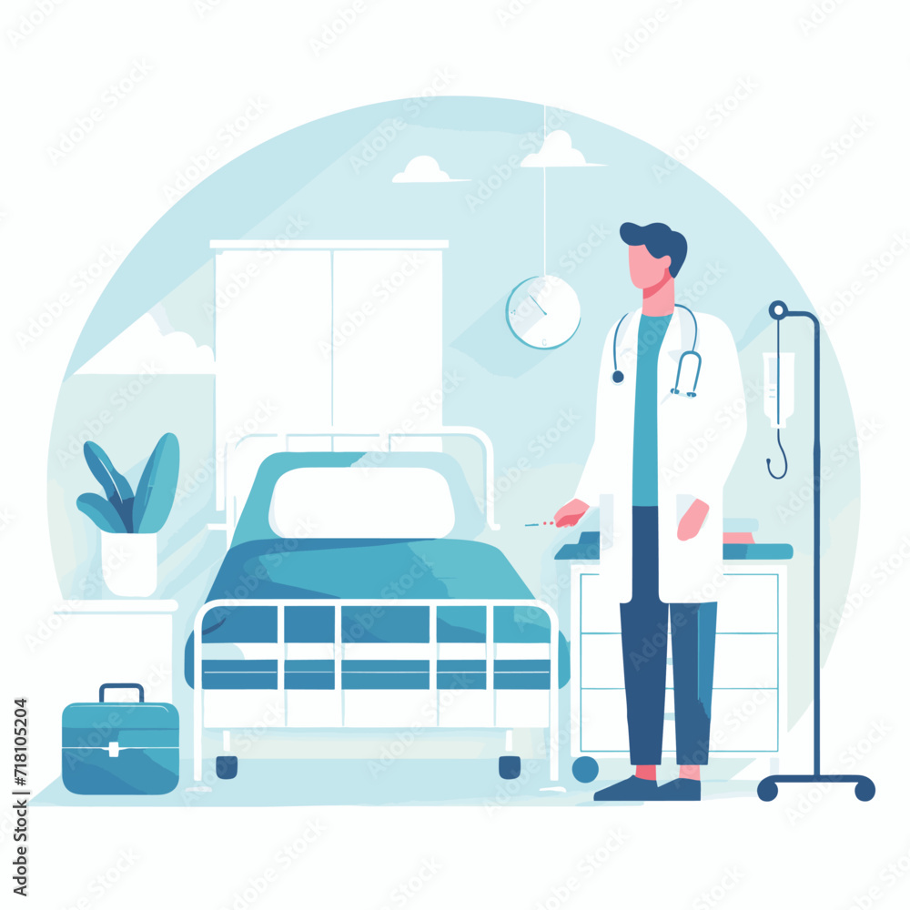 The doctor is at the hospital by the patient's bed. Flat illustration vector graphics The doctor is at the hospital by the patient's bed. Flat illustration vector graphics