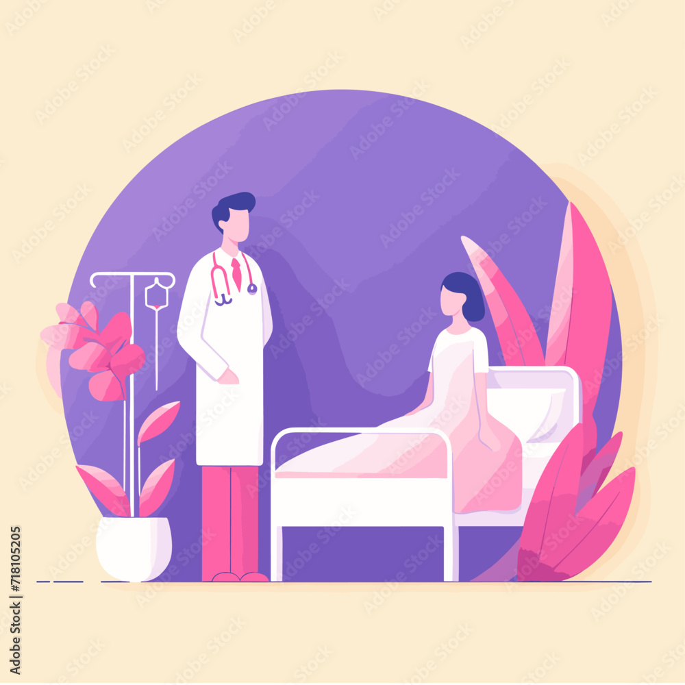 A flat illustration. The doctor at the patient's bedside is talking to him. Vector graphics A flat illustration. The doctor at the patient's bedside is talking to him. Vector graphics