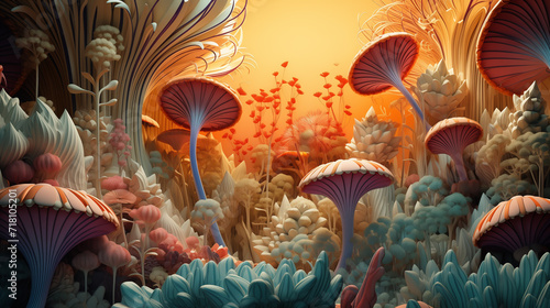 Futuristic fantasy floral composition of mushrooms, algae, flowers and other plants. Background with natural motif with warm lighting for design.