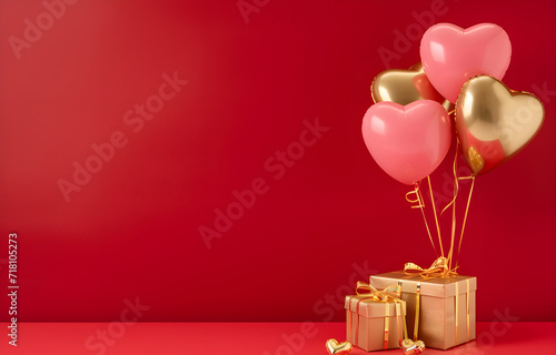 Happy Valentine's Day love or birthday celebration holiday background banner illustration greeting card - Pink heart balloons and gold gift box on table