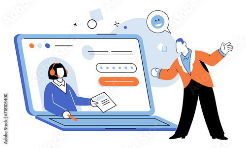 Customer service. Vector illustration. The companys success relies on delivering outstanding customer service In digital age, information flows seamlessly through cyberspace to enhance customer