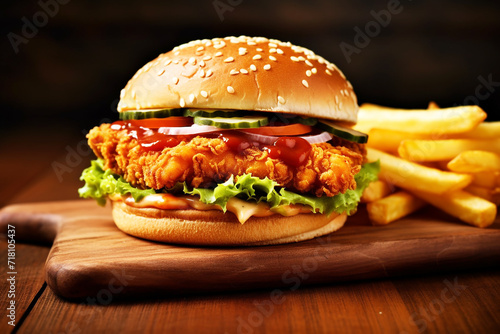 Chicken burger on wood table