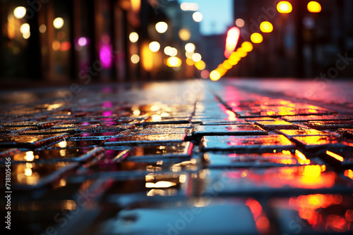 Reflection of neon light on wet road
