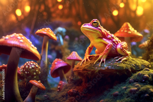 Colorful frog and  mushrooms in a fantasy forest