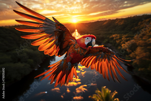 Macaw parrot flying over in forest view
