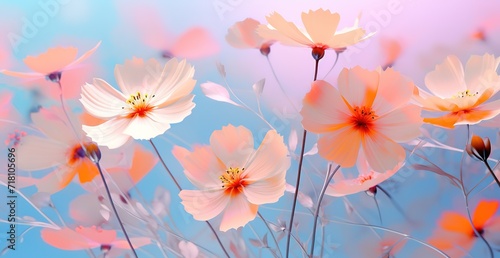 An illustration of various kinds of beautiful blooming flowers with a blurry background © original logo