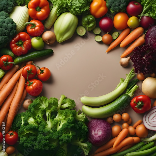 Top view of vegetarian food banner image, Mockup background with empty paper space at the middle,  with different types of delicious vegetables and fruits around