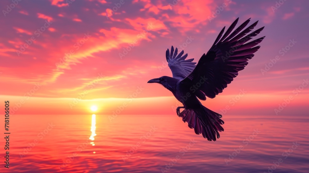 Obraz premium Silhouetted Raven Flying Against a Sunset Sky