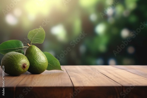 Empty wooden table with avocado tree and blurred background. Advertising product concept. Generative AI photo
