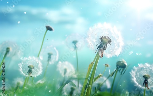 Dandelion flowers bloom and fly with a beautiful view