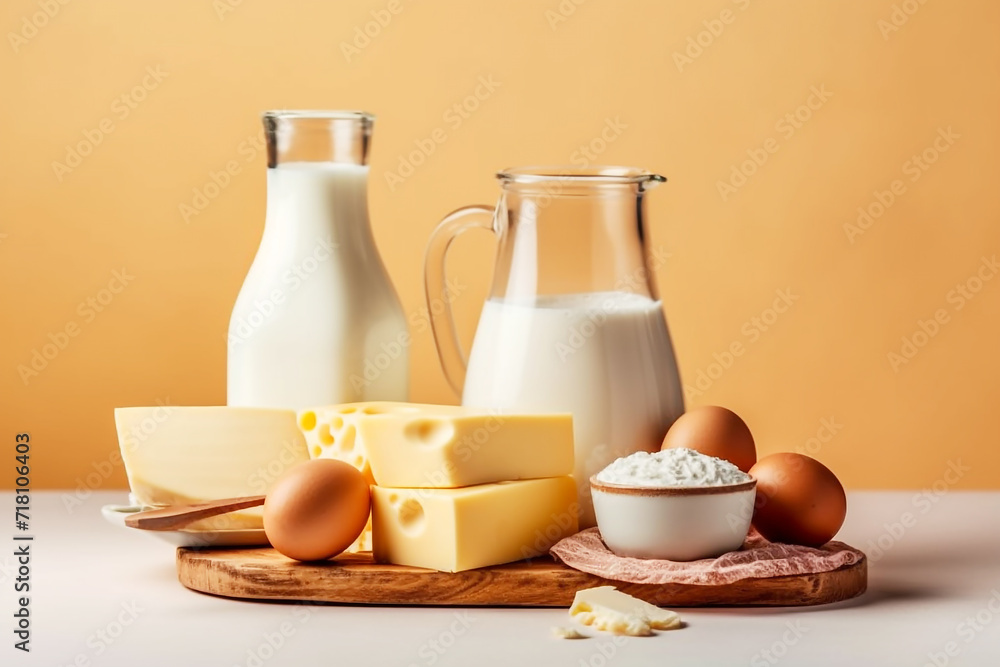 Milk, cheese, egg, yogurt and butter on pastel background Milk, cheese, egg, yogurt and butter on pastel background