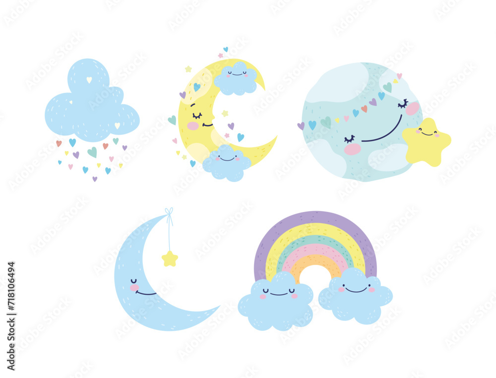 Cute little moons, clouds and a rainbow set vector