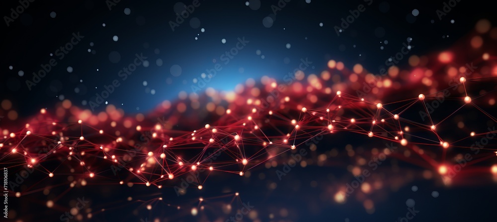 Red cyberspace background with wave of dots and weave lines for big data, metaverse, security