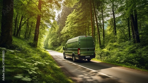 White delivery van driving through sunlit forest on a summer day, delivering to remote areas
