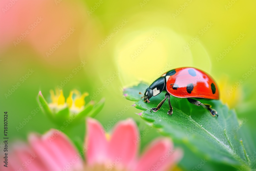 A bright red ladybug on a green leaf, with soft-focus spring flowers in the background. A bright red ladybug on a green leaf, with soft-focus spring flowers in the background.