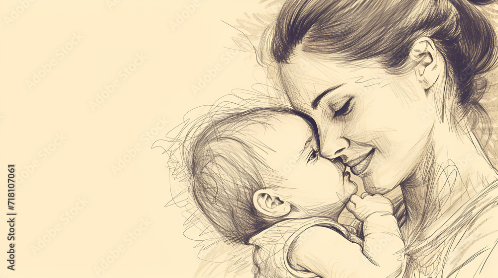 Mother's Day Celebration, Motherhood Hand Drawn Mother Love Child, Mother Holding A Baby, Mothers Day, Hand Drawn Vector Illustration Realistic Sketch, Generative Ai