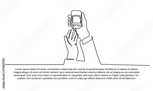 Continuous line design of the doctor checks the patient's sugar level. Single line decorative element drawn on white background.