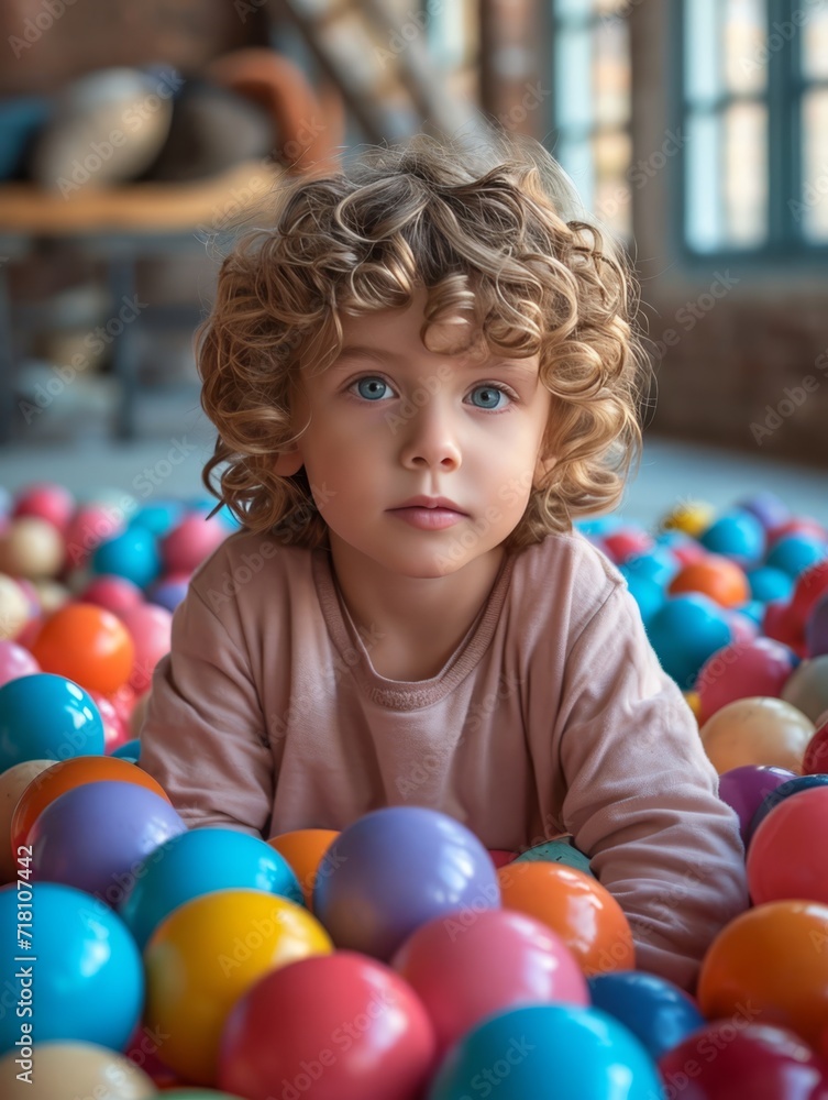 A curious toddler's face lights up with joy as they play in a colorful ball pit, surrounded by bouncing balls and dressed in playful clothing A curious toddler's face lights up with joy as they play in a colorful ball pit, surrounded by bouncing balls and dressed in playful clothing