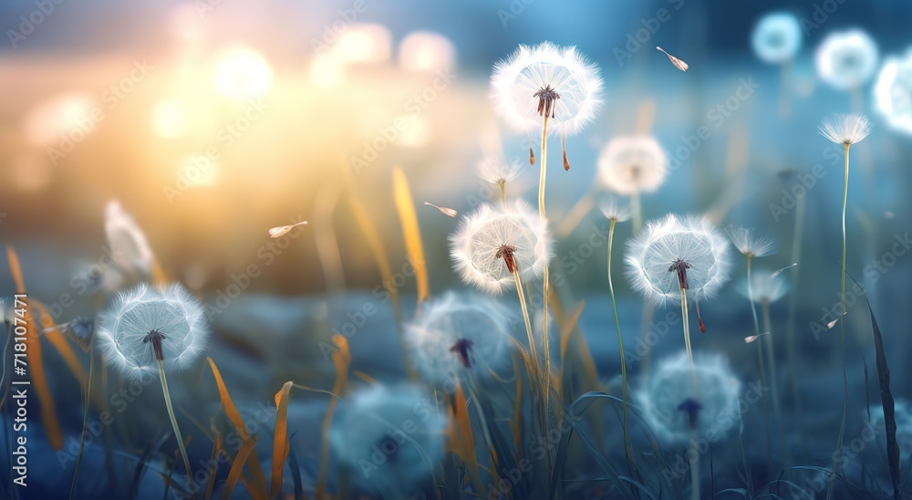 Dandelion flowers bloom and fly with a beautiful view - obrazy, fototapety, plakaty 