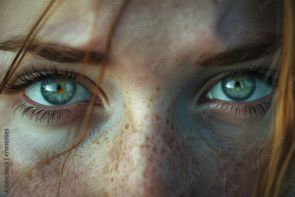 Close-up portrait of a beautiful woman showcasing her mesmerizing green eyes, reflecting profound sorrow and heartbreak Close-up portrait of a beautiful woman showcasing her mesmerizing green eyes, reflecting profound sorrow and heartbreak
