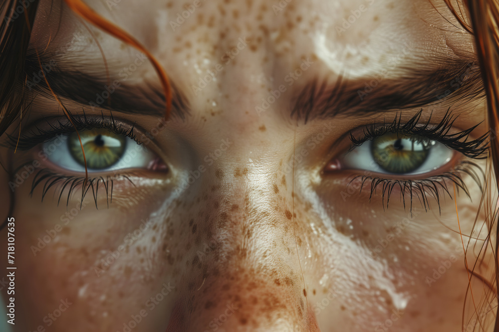 Close-up portrait of a beautiful woman showcasing her mesmerizing green eyes, reflecting profound sorrow and heartbreak Close-up portrait of a beautiful woman showcasing her mesmerizing green eyes, reflecting profound sorrow and heartbreak