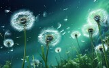 White dandelion flowers flying in the photo on a green background. generative Ai