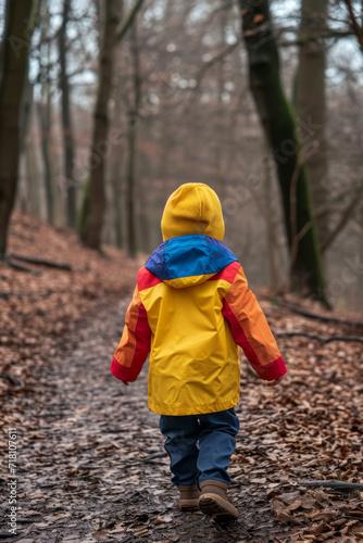 A child in a colorful raincoat exploring a springtime forest.