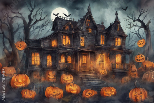 Halloween festive haunted house with bats