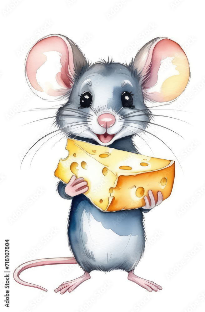 funny character, cute mouse with big ears smiles and holds piece of swiss cheese on white background