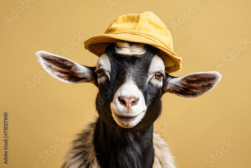 the goat wears a yellow hat