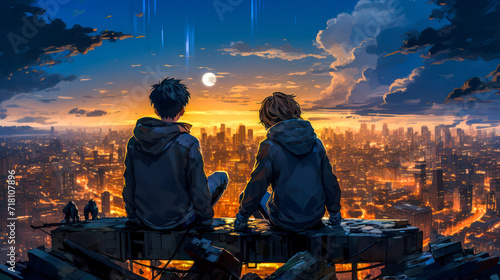 Two friends relaxing outdoor looking at evening city panorama