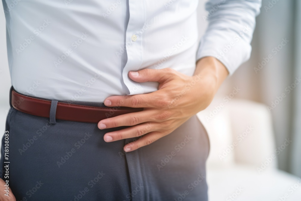 Adult person stomach ache holding hand on belly pain diarrhea uncomfortable abdominal illness digestion problems sick suffering ill man nausea painful health care problem discomfort office hurt body Adult person stomach ache holding hand on belly pain diarrhea uncomfortable abdominal illness digestion problems sick suffering ill man nausea painful health care problem discomfort office hurt body