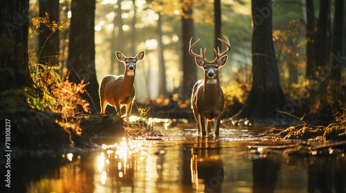Deer in the forest with sunset