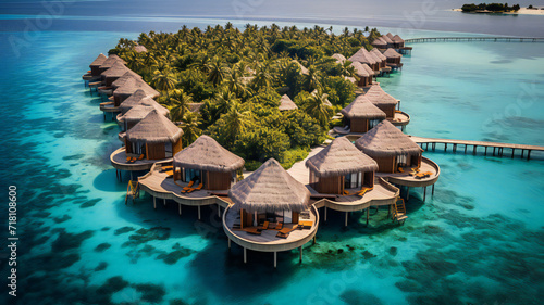 Pool in the tropical island. Aerial view of luxury resort bungalows along the coastline of a small island, Indian Ocean, Maldives 