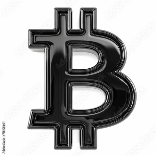 Black Glass Bitcoin Sign isolated on White Background. Photorealistic Cryptocurrency Coin Sign on white backdrop. Square Illustration. Ai Generated Digital Currency and Blockchain 3D Symbol.