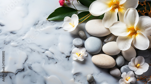 Top view of aromatherapy beauty spa background with massage pebble and fragrant flowers on white marble