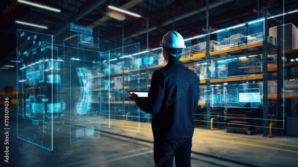 Futuristic warehouse technology, female worker using Augmented reality application to analyze products delivery, copy space for text Futuristic warehouse technology, female worker using Augmented reality application to analyze products delivery, copy space for text