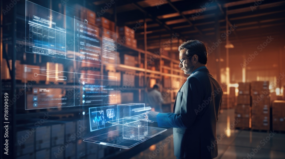 Futuristic warehouse technology, female worker using Augmented reality application to analyze products delivery, copy space for text Futuristic warehouse technology, female worker using Augmented reality application to analyze products delivery, copy space for text