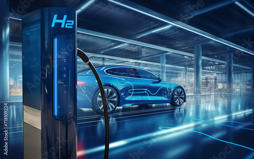 Fuel cell car at the hydrogen filling station