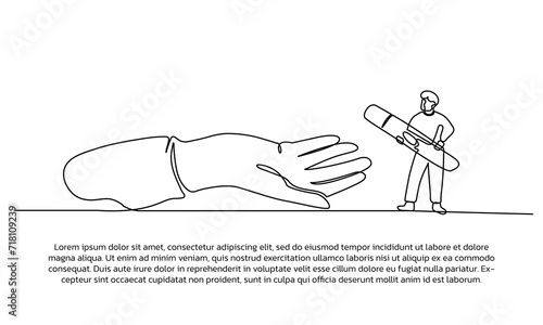 Continuous line design of the doctor checks the patient's sugar level. Single line decorative element drawn on white background.