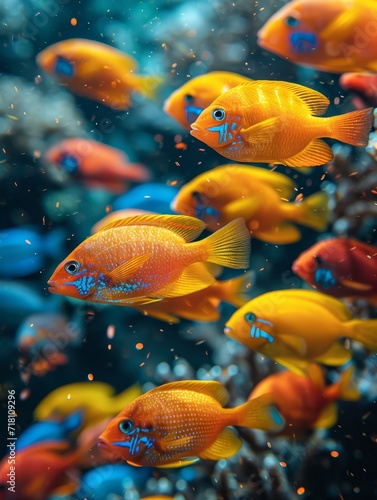 A school of vibrant orange fish gliding through the depths of the crystal clear ocean, their shimmering fins blending seamlessly with the vibrant coral reef, showcasing the intricate beauty of marine