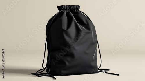 Black drawstring bag mockup isolated on background. Fabric cotton small bag. Isolated pouch. 3d rendering. generative ai photo
