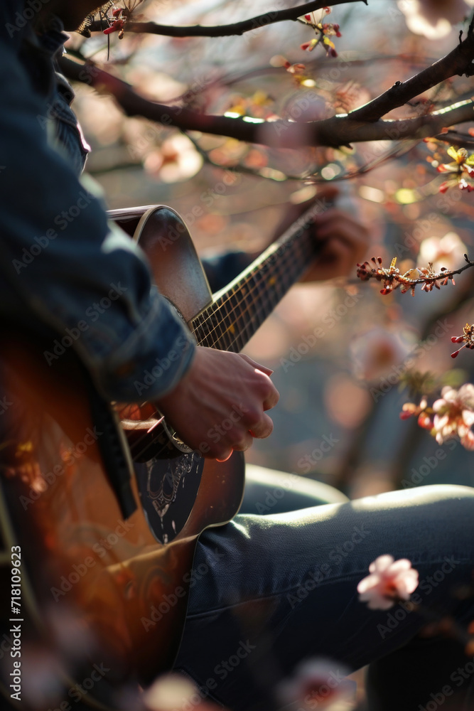 Fototapeta premium A musician playing a guitar under a tree with spring blooms.
