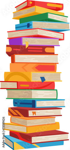 High book stacks or pile. Library textbooks and school literature heaps, dictionaries. Bookstore advertise. Cartoon stacked books angle view with different colorful covers isolated on white © designer_things