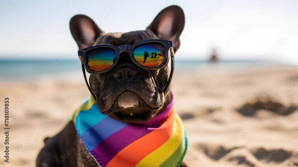 French bulldog dog wearing a rainbow flag bandana and mirrored sunglasses at gay pride festival on a sandy beach, ai generated