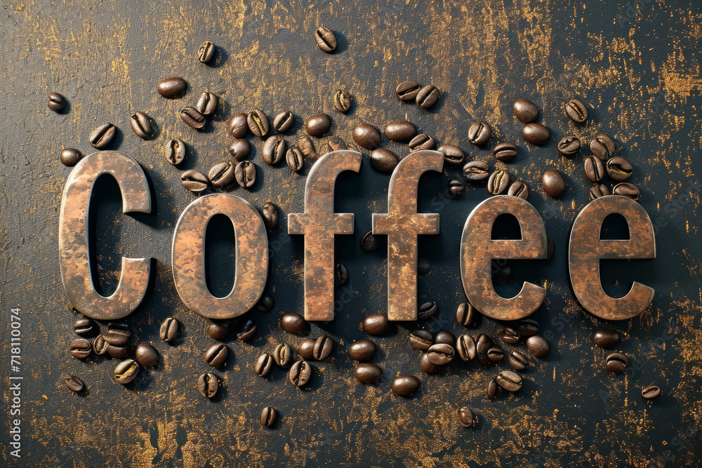 Coffee beans and lettering Coffee. Background with selective focus and copy space