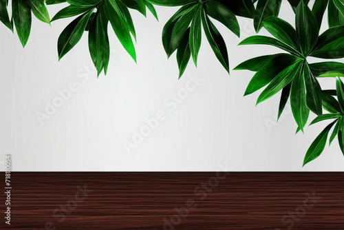 Wooden table background with empty space and ficus leaves shadows 